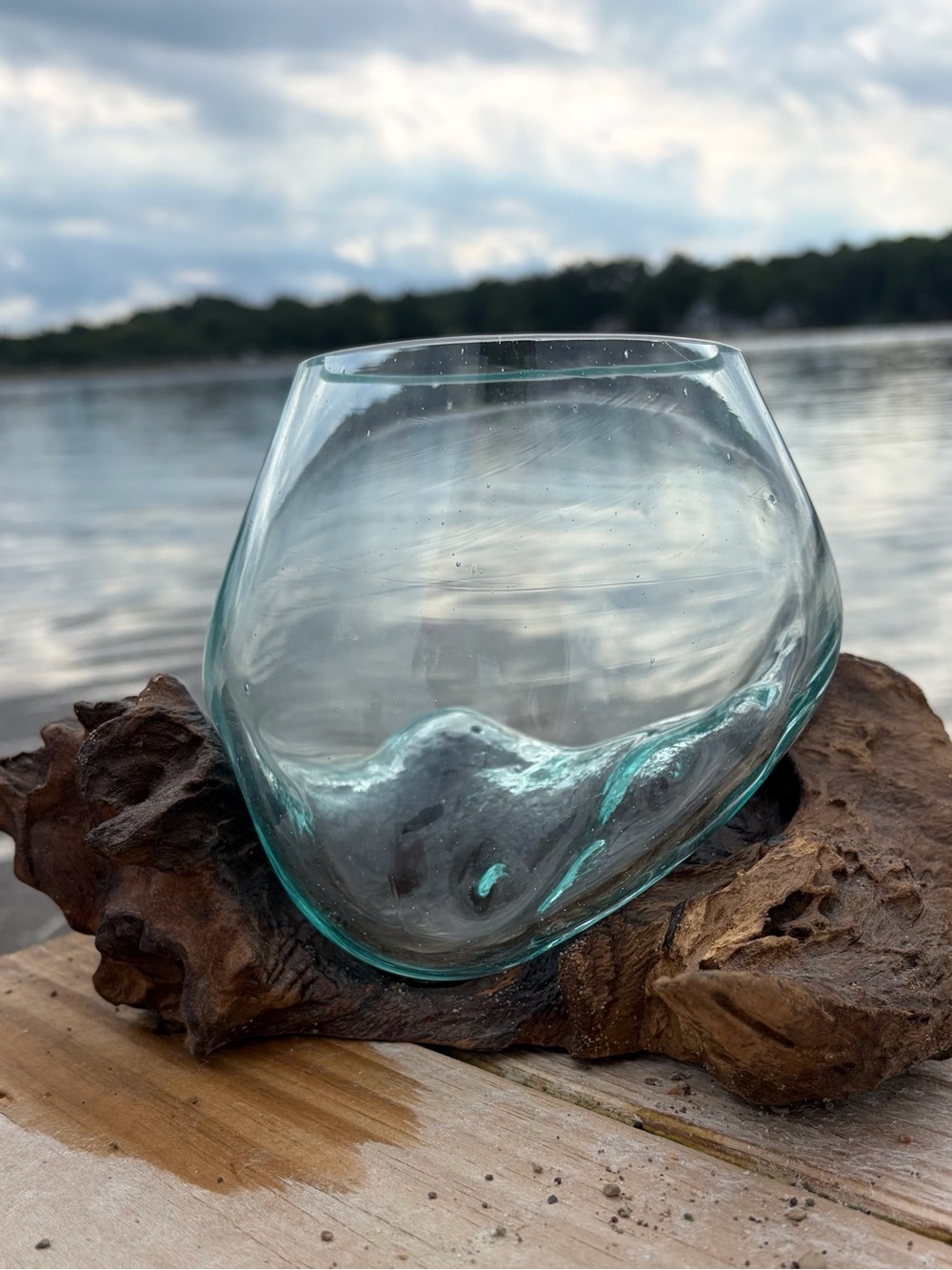 Vtg Organic Modern Burl Wood & Hand Blown Glass Terrarium Bowl MCM Studio Decor - Picture 2 of 8